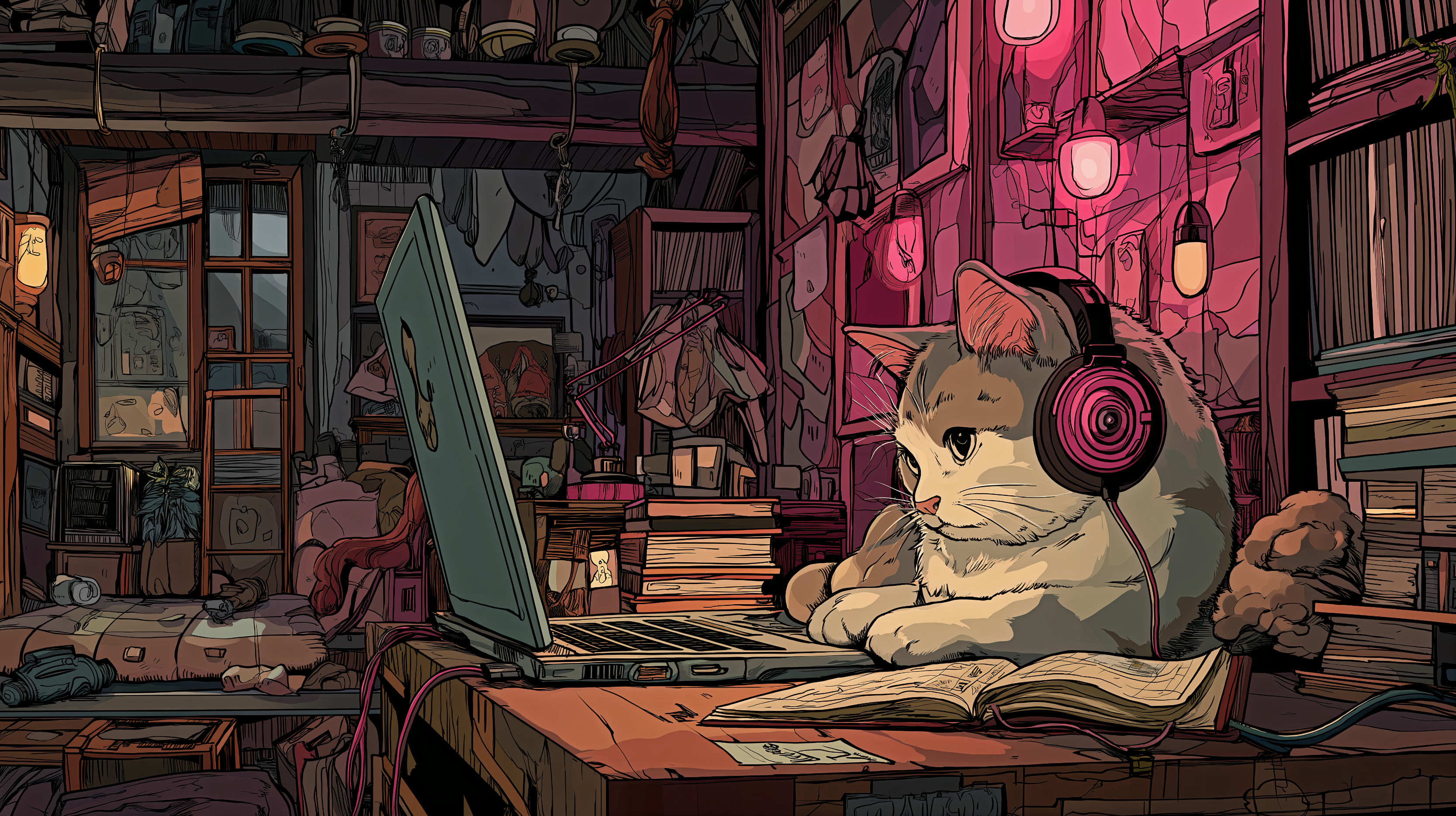 Lo-fi Cat Vibes XXL Mouse Pad (90cm) – Pink Glow, 4mm Comfort Edition