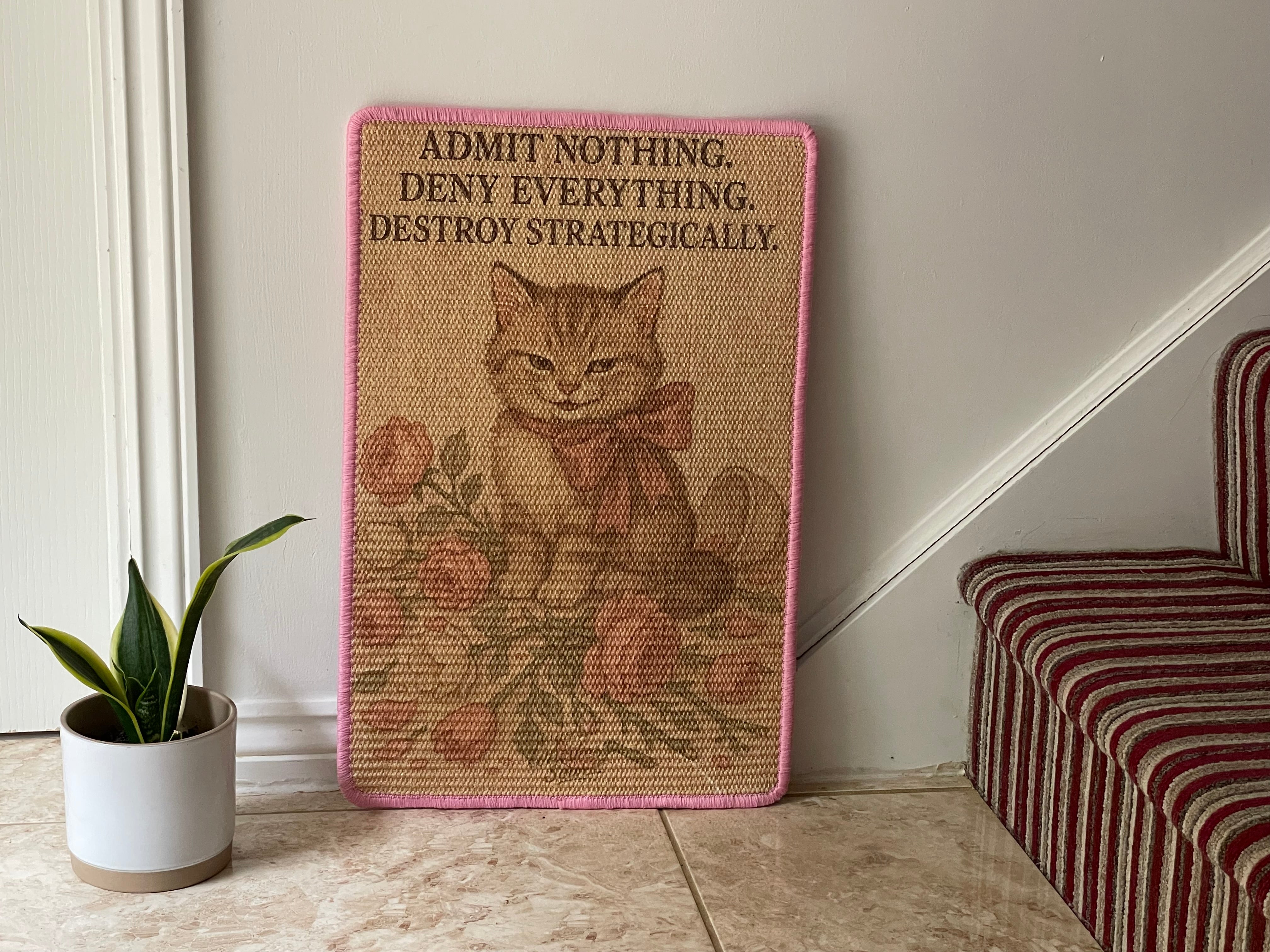 Sisal Cat scratching mat with crime scene design and guilty-looking cartoon cat