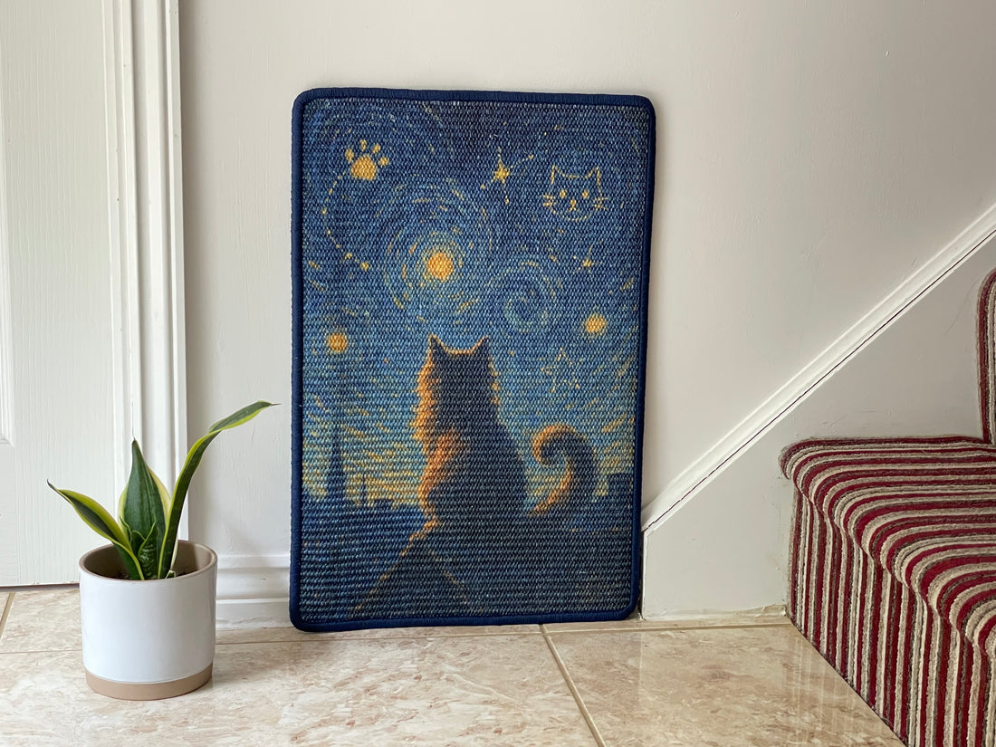 Starry Cat Night mat – woven texture and Van Gogh-inspired design