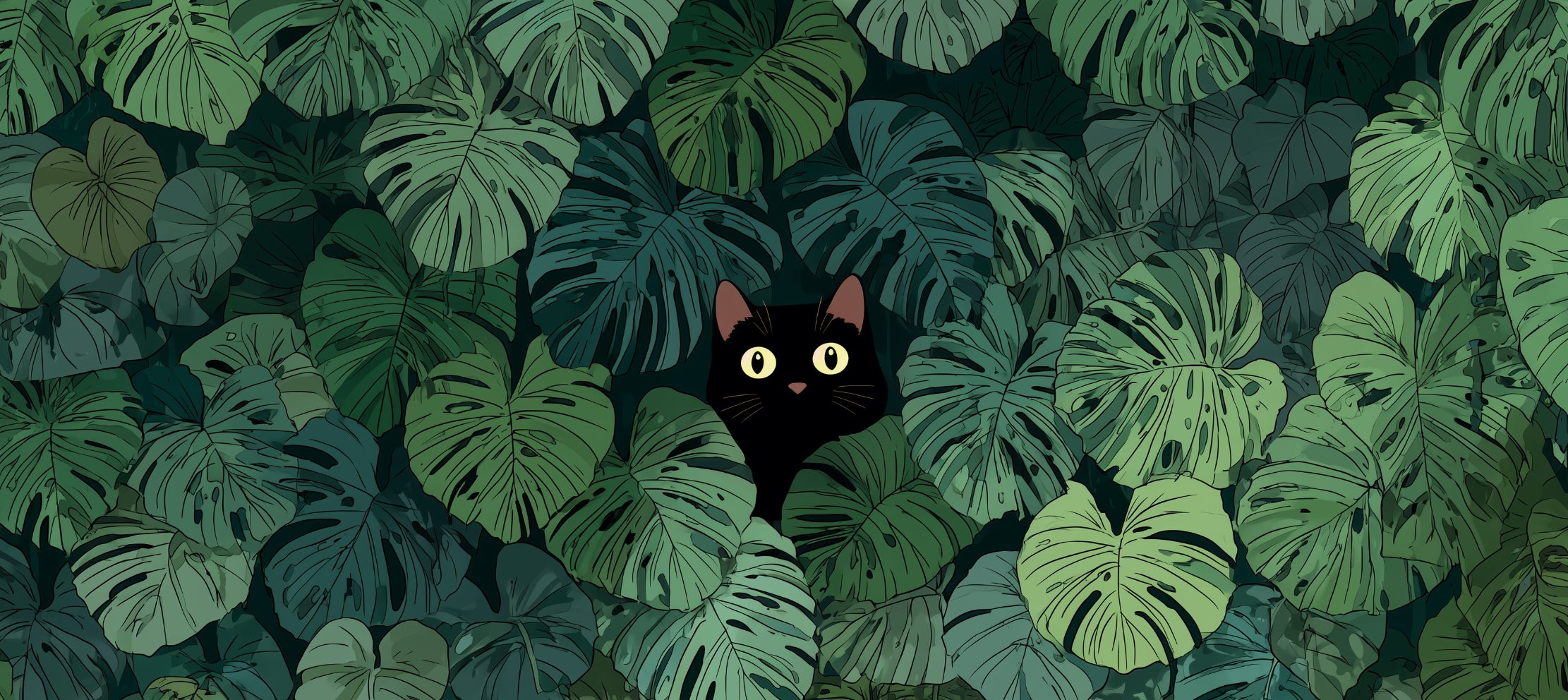 XL Jungle Leaves Mouse Pad – Black Cat Peeking Design | 900×400×4mm Desk Mat | Aesthetic Green Non-Slip Mat for Gaming, Work & Study – Whiskery Sour