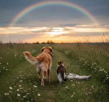 Golden retriever and small dog walking side by side into a sunlit field under a rainbow. A peaceful, emotional tribute image for pet loss and remembrance.
