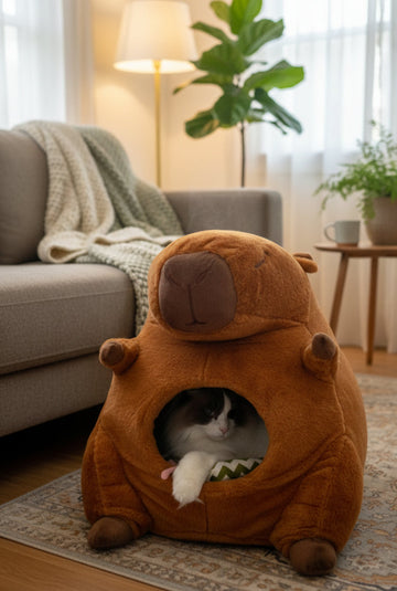 Fluffy ragdoll cat resting inside a plush capybara-shaped cat cave in a softly lit living room. The room features a beige sofa, green throw blanket, indoor plants, and a calming, stylish atmosphere.