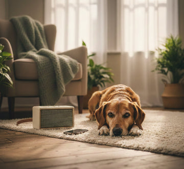 Dog lying calmly by the front door listening to a personalised calming song — comfort for dogs with separation anxiety