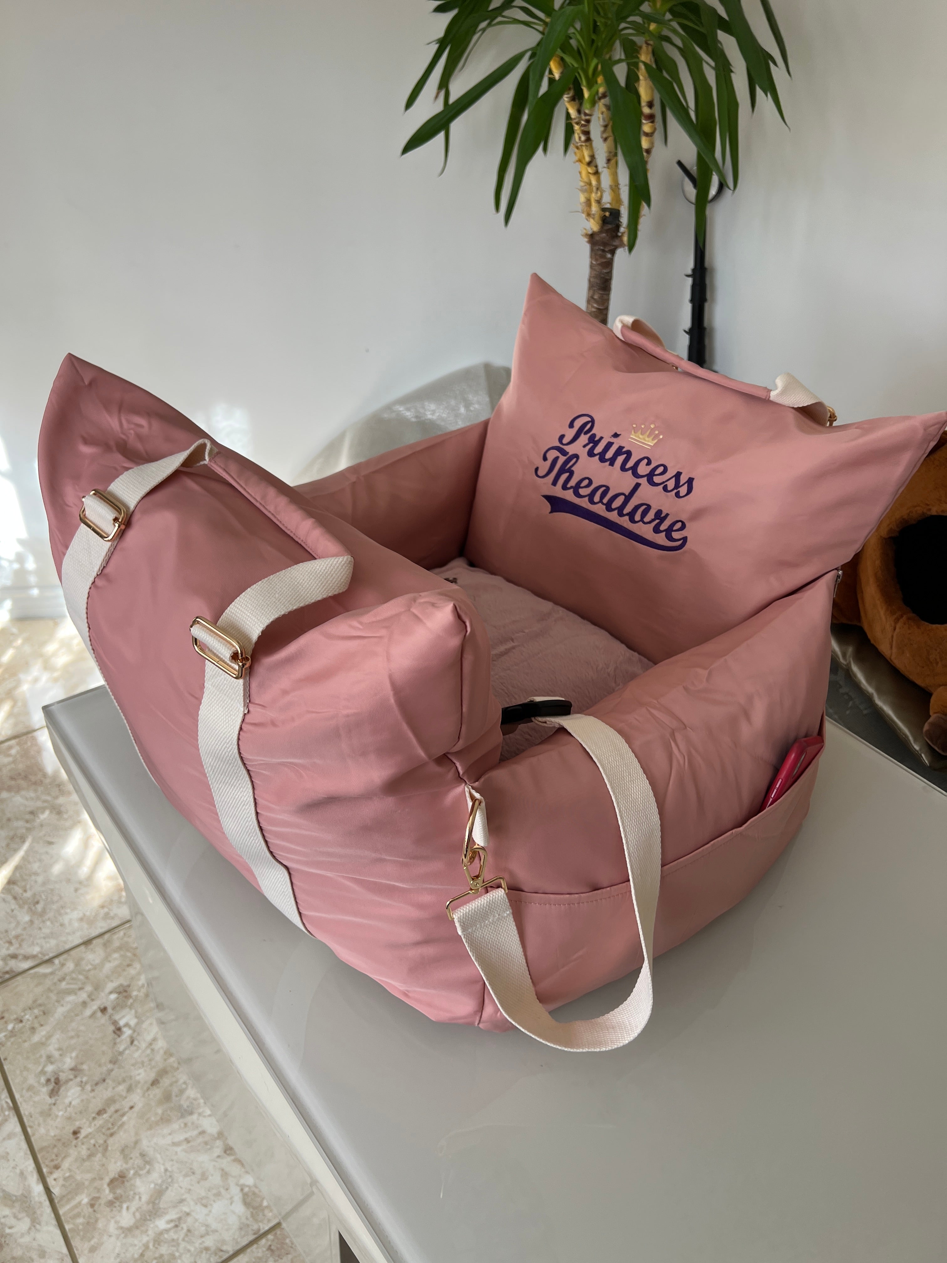 Blush pink personalised pet car seat bed — product photo 8