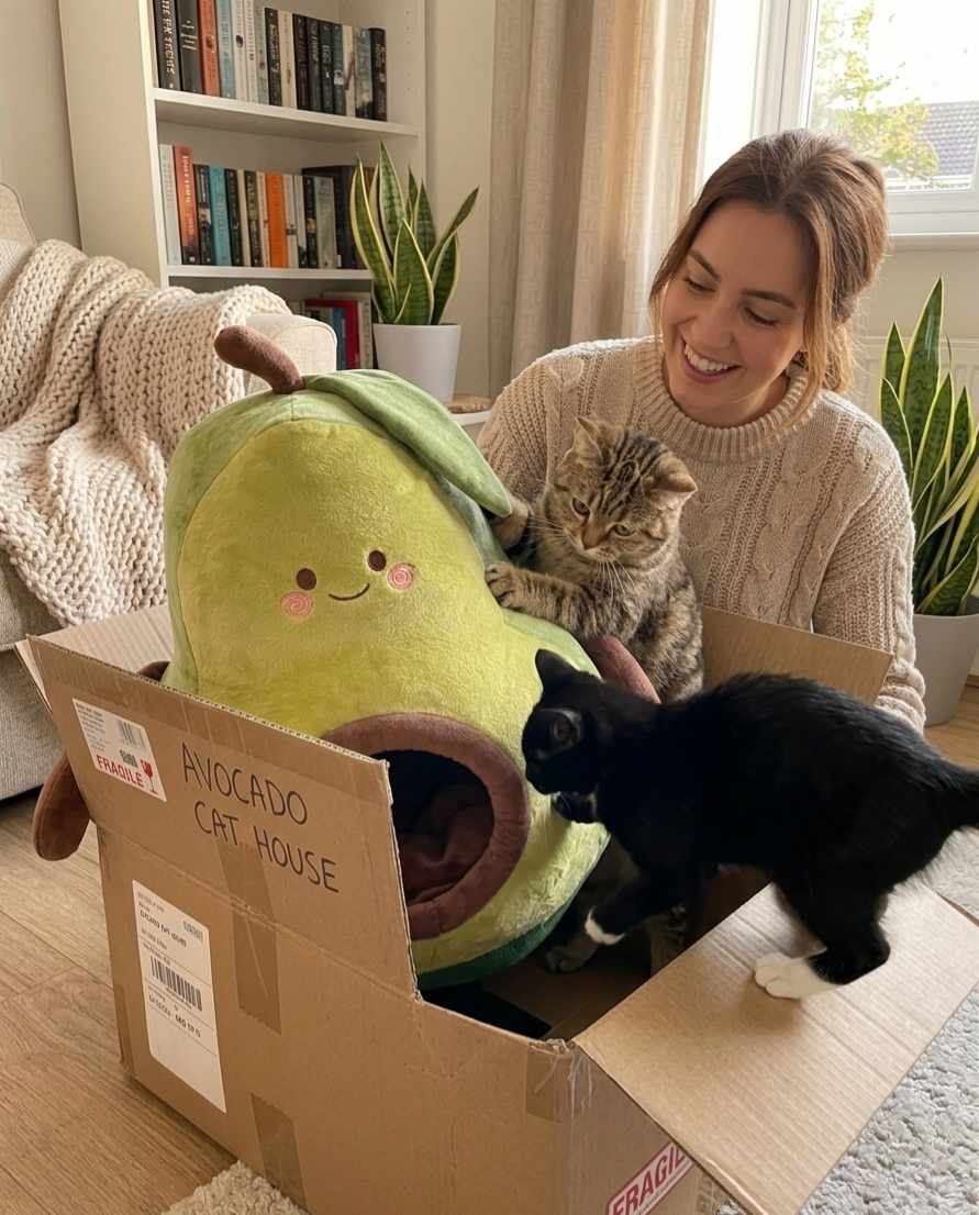 A woman smiling beside an Avocado Cat House box, with two cats inspecting Avo