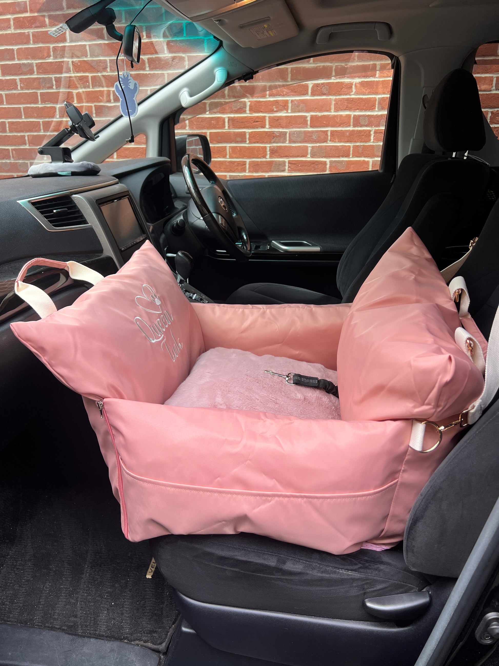 Blush pink personalised pet car seat bed — product photo 7