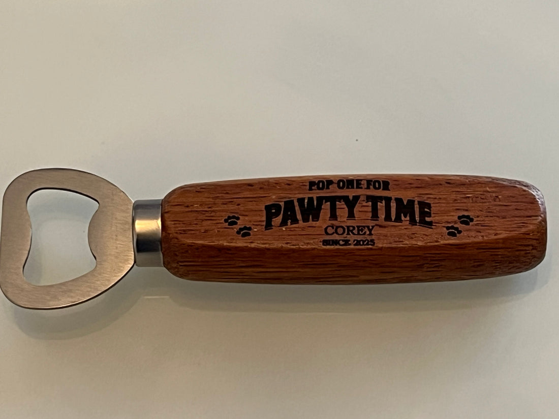 Pop One for Pawty Time – Funny Pet Bottle Opener with Name & Paw Prints