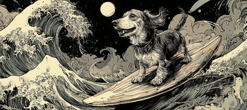 The Great Pup Wave Mouse Pad – XL 90cm Surfing Dachshund Desk Mat in Vintage Japanese Art Style