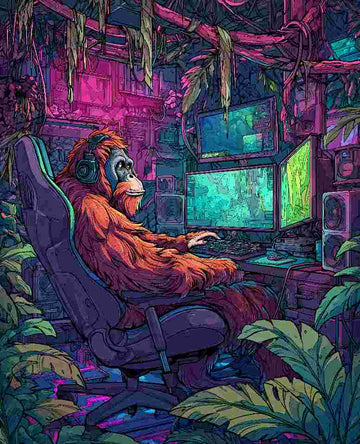 Jungle Lag mini mouse pad — an orangutan gamer with a headset, 260x210mm desk mat by Whiskery Sour
