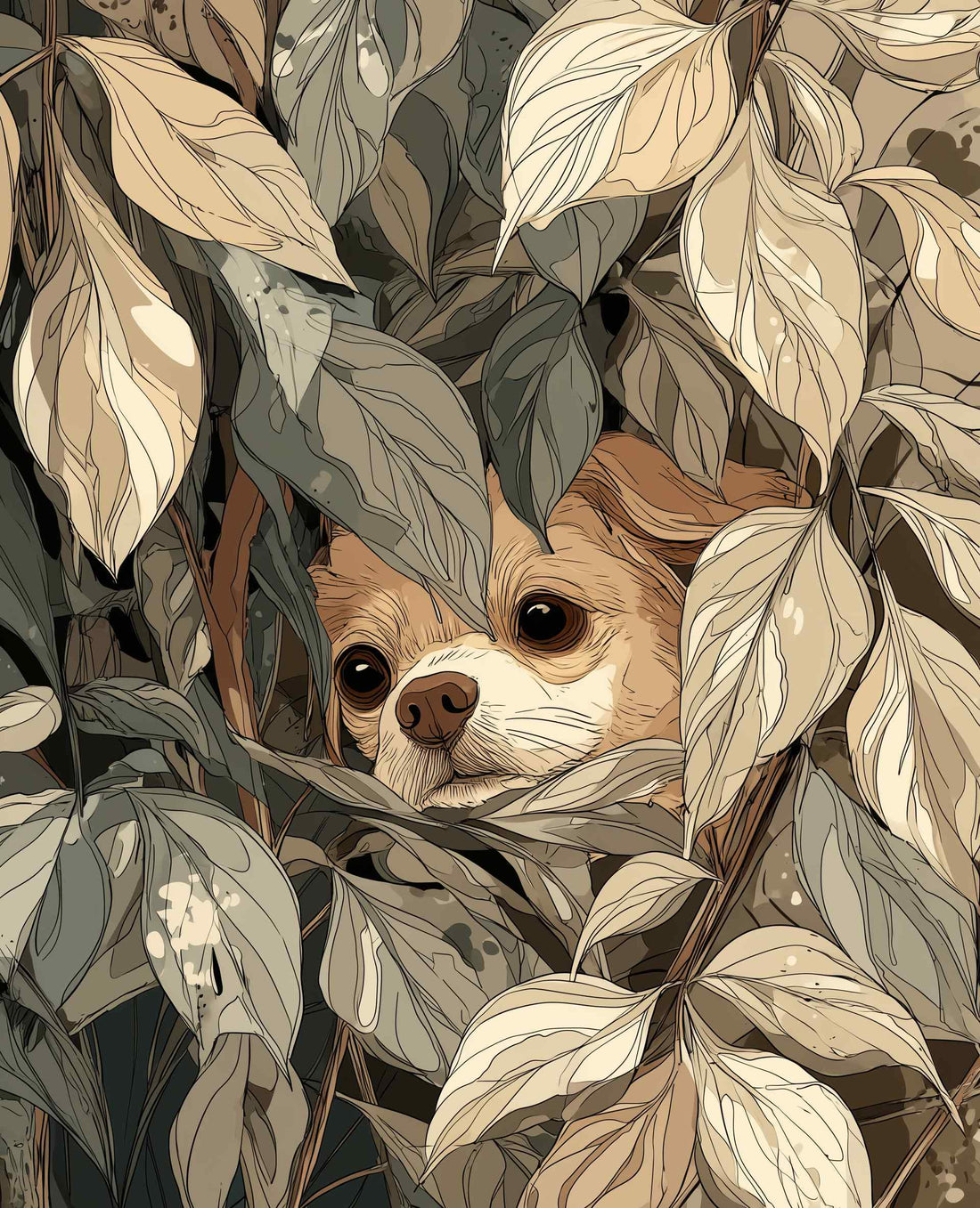 Peekaboo Pup Beige mini mouse pad — a beige dog peeking through leaves, 260x210mm desk mat by Whiskery Sour