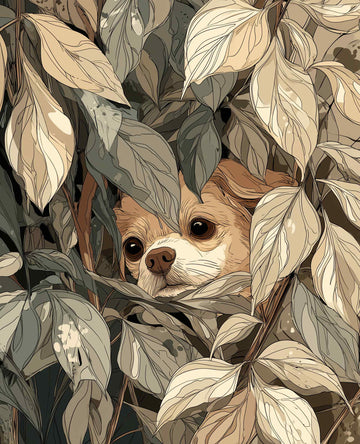 Peekaboo Pup Beige mini mouse pad — a beige dog peeking through leaves, 260x210mm desk mat by Whiskery Sour