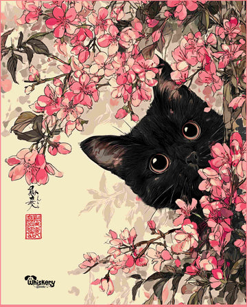 Sakura Stroll mini mouse pad — a black cat among pink cherry blossom, 260x210mm desk mat by Whiskery Sour
