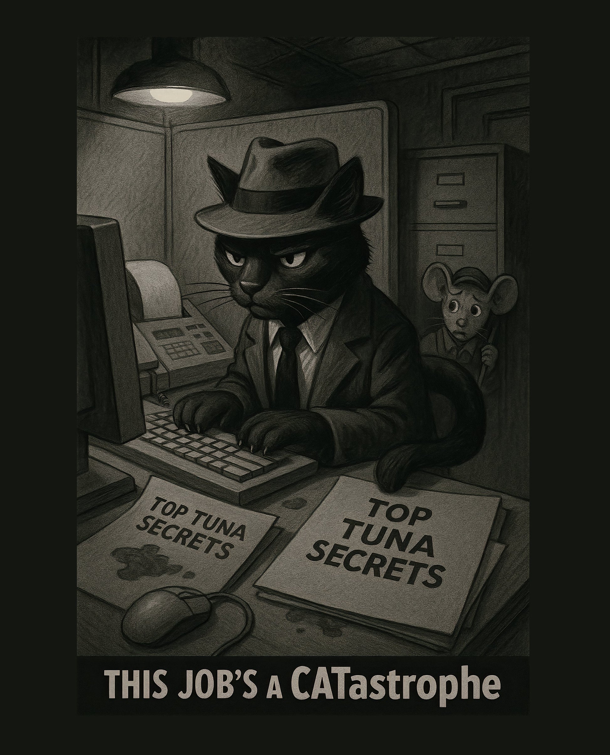 CATastrophe Files mini mouse pad — a noir detective cat with Top Tuna Secrets files, 260x210mm desk mat by Whiskery Sour