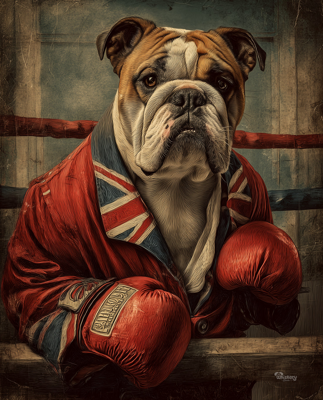 British Bulldog mini mouse pad — a stout boxer bulldog in a jumper, 260x210mm desk mat by Whiskery Sour