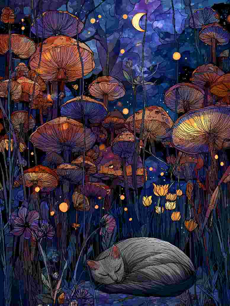 Midnight Garden mini mouse pad — a sleeping cat among moonlit leaves and flowers, 260x210mm desk mat by Whiskery Sour
