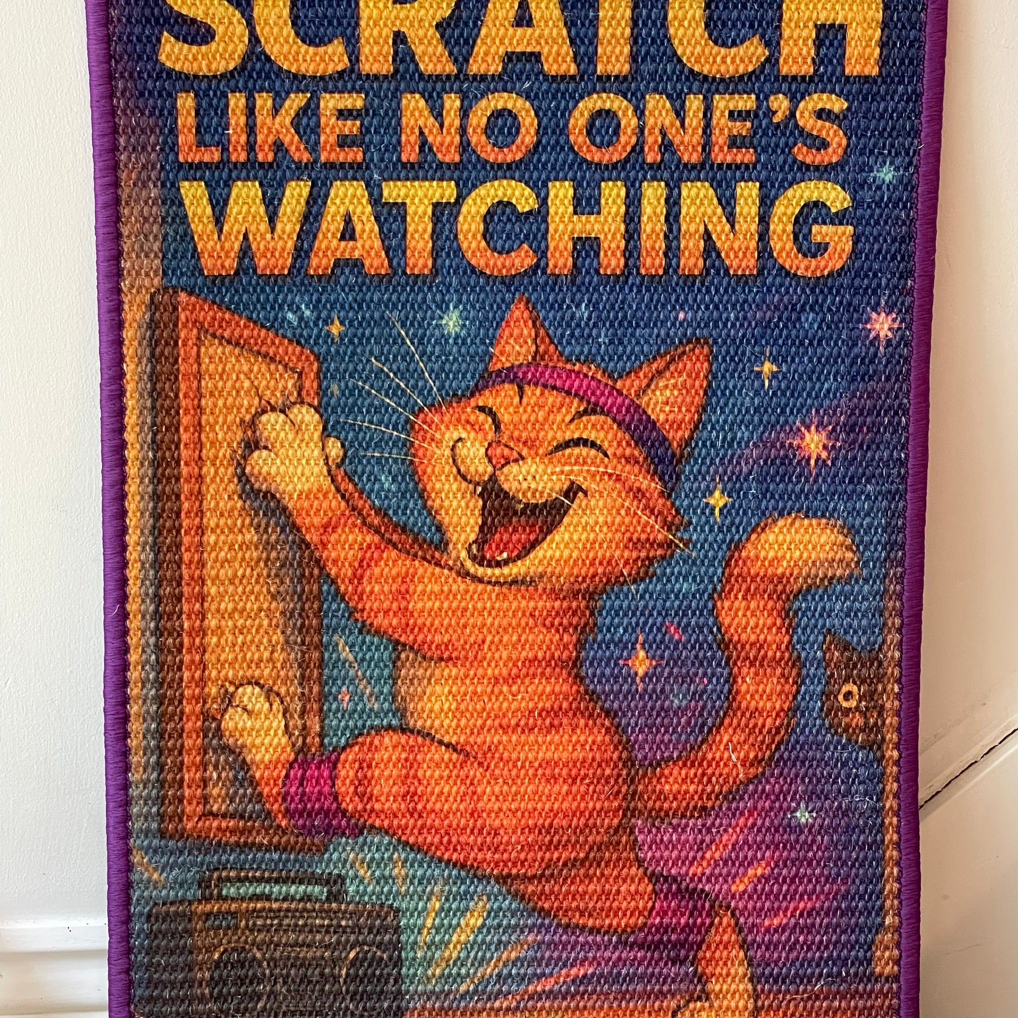 Cat scratching mat with dancing tabby and disco ball illustration