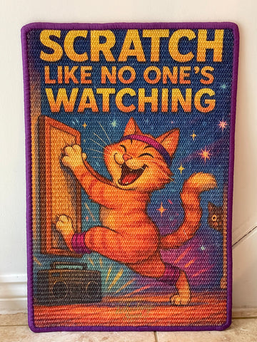 Cat scratching mat with dancing tabby and disco ball illustration