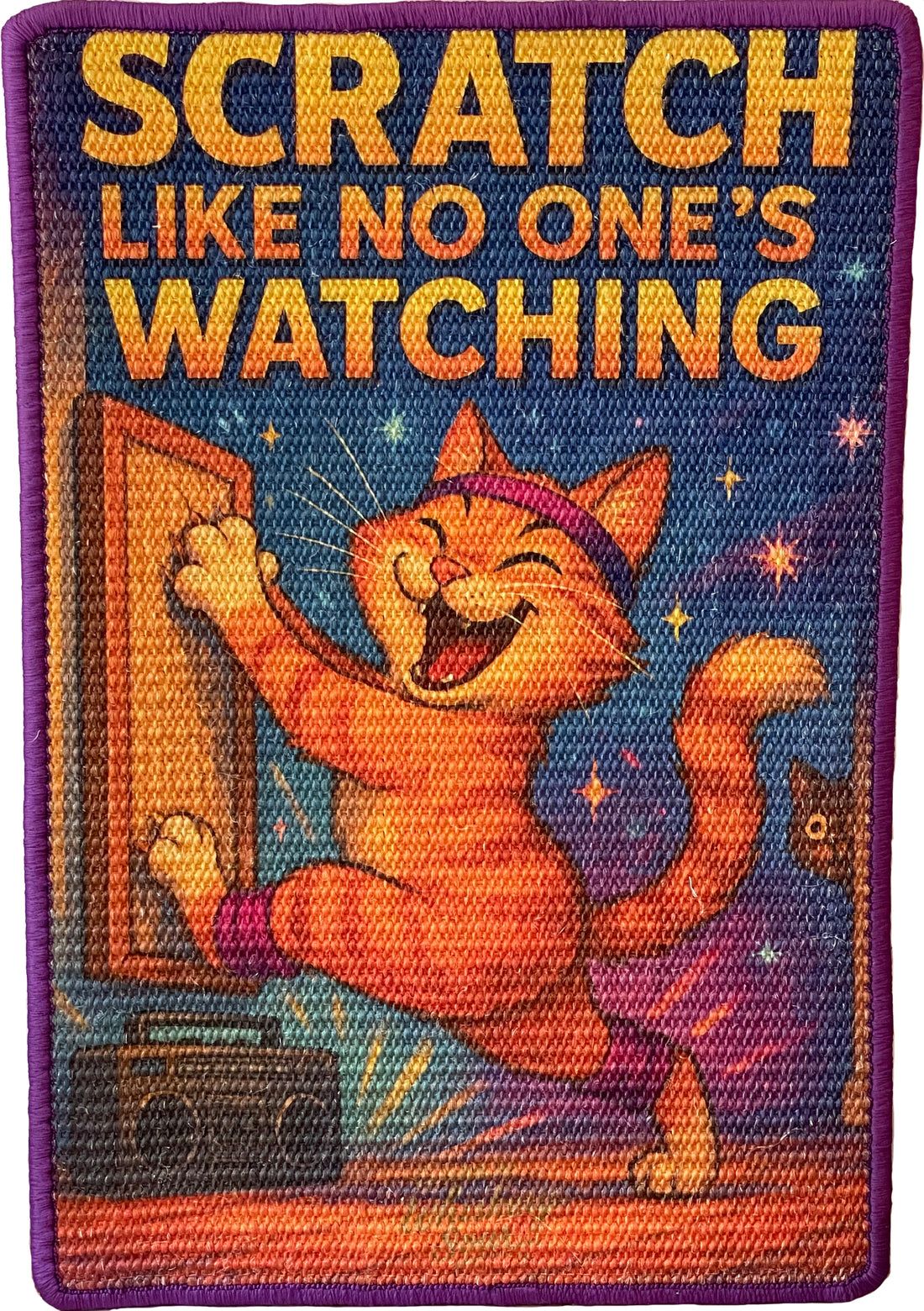 Cat scratching mat with dancing tabby and disco ball illustration
