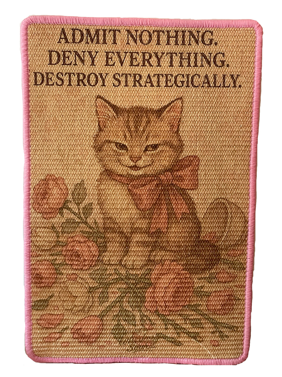 Cat scratching mat with crime scene design and guilty-looking cartoon cat