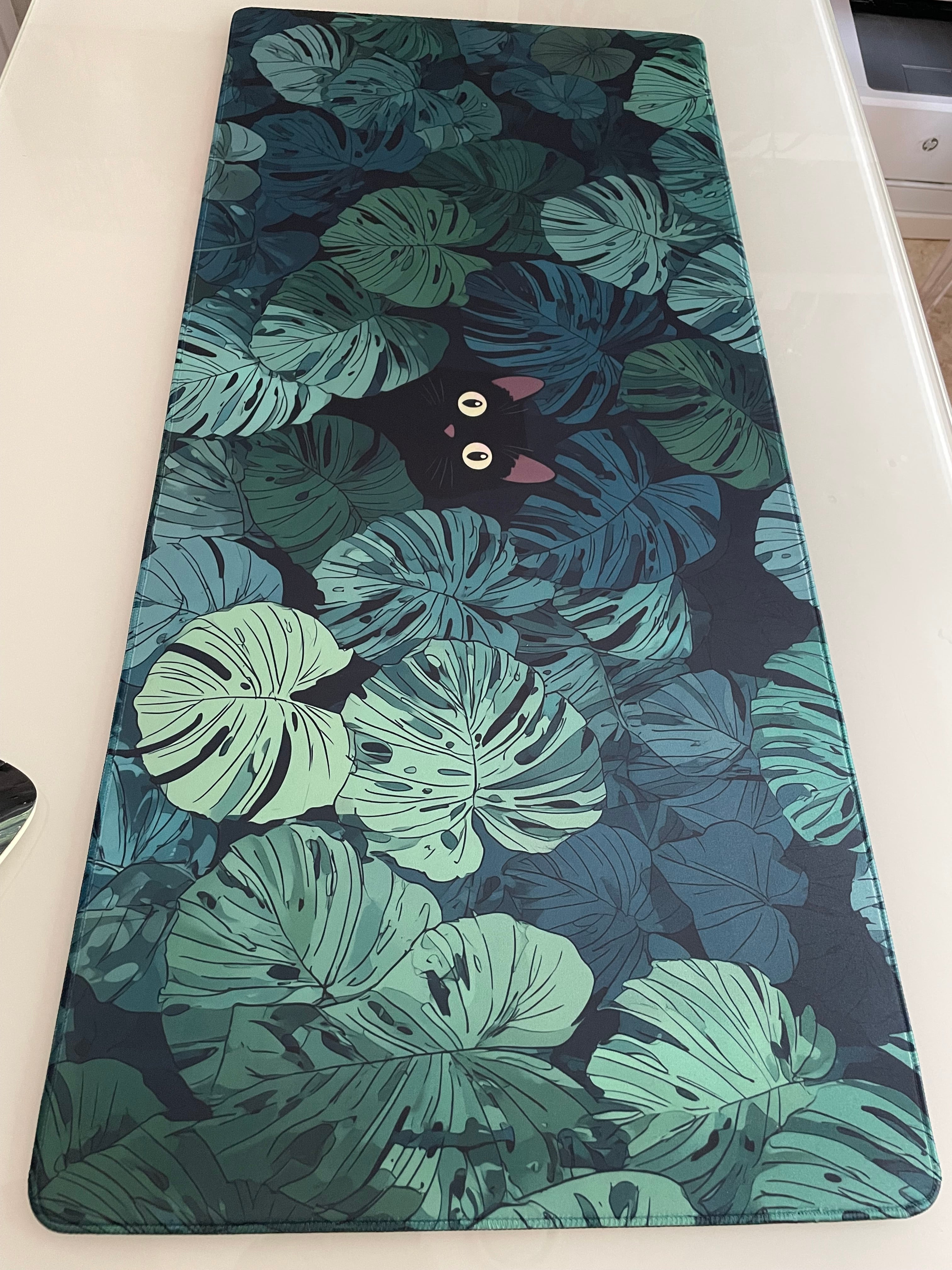 XL Jungle Leaves Mouse Pad – Black Cat Peeking Design | 900×400×4mm Desk Mat | Aesthetic Green Non-Slip Mat for Gaming, Work & Study – Whiskery Sour