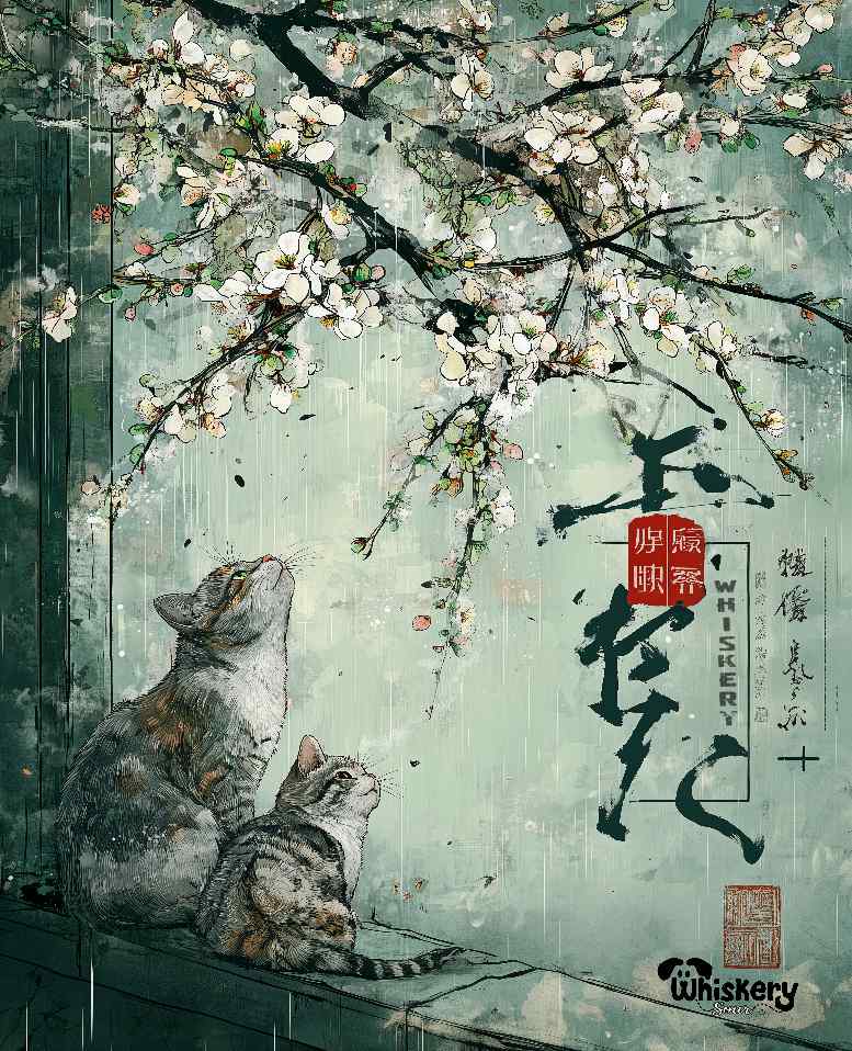 Spring Spirits mini mouse pad — white blossom and gentle cats, 260x210mm desk mat by Whiskery Sour