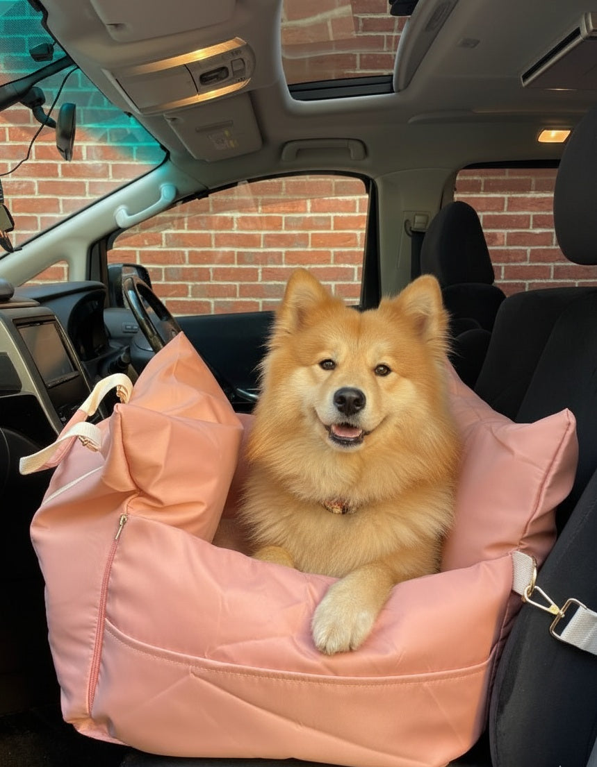 Dog sitting in a pink pet seat inside a car with a brick wall background.