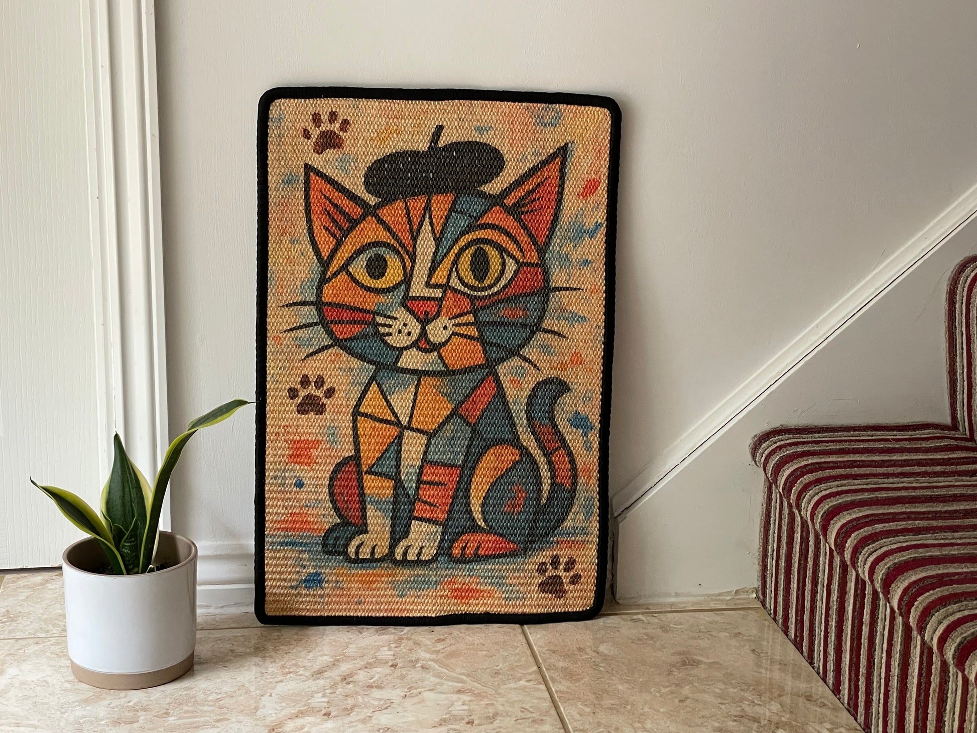 Meowcasso cubist cat sisal scratching mat – multicolour design, 60×40 cm
