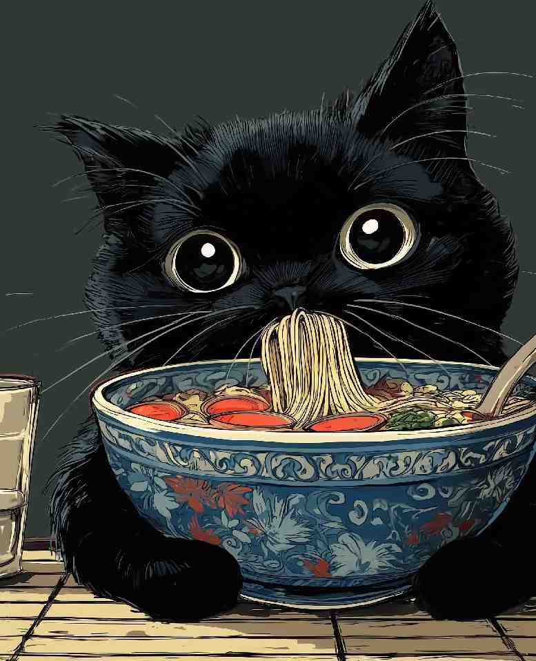 Ramen Break mini mouse pad — a black cat sneaking a ramen noodle, 260x210mm desk mat by Whiskery Sour
