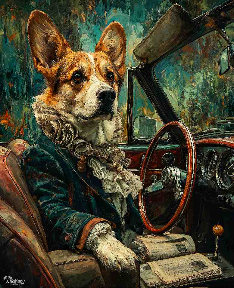 Driver's Seat mini mouse pad — an oil-painted dog driving a car, 260x210mm desk mat by Whiskery Sour