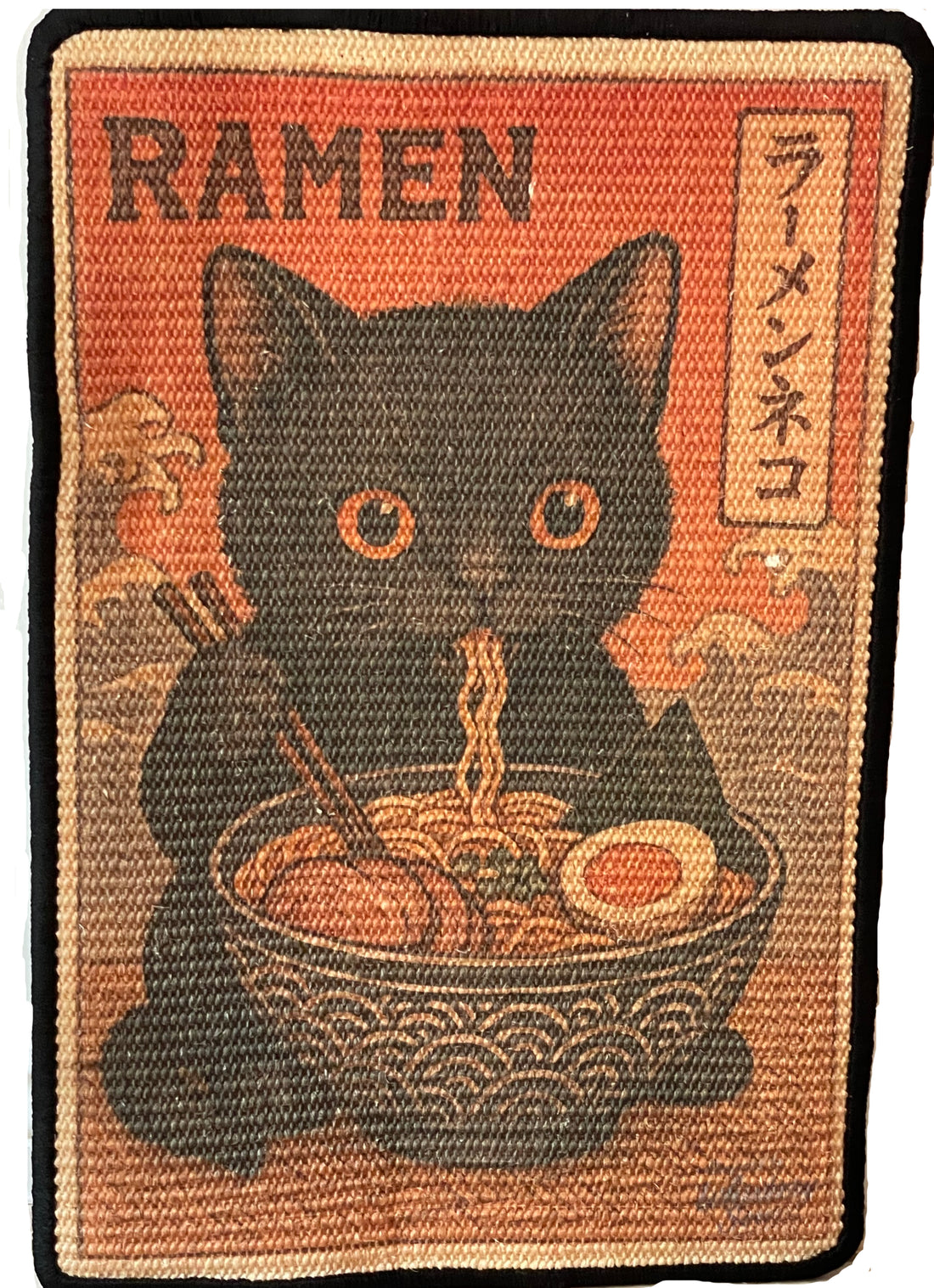 Doormat with a black cat design and ramen bowl on a red background