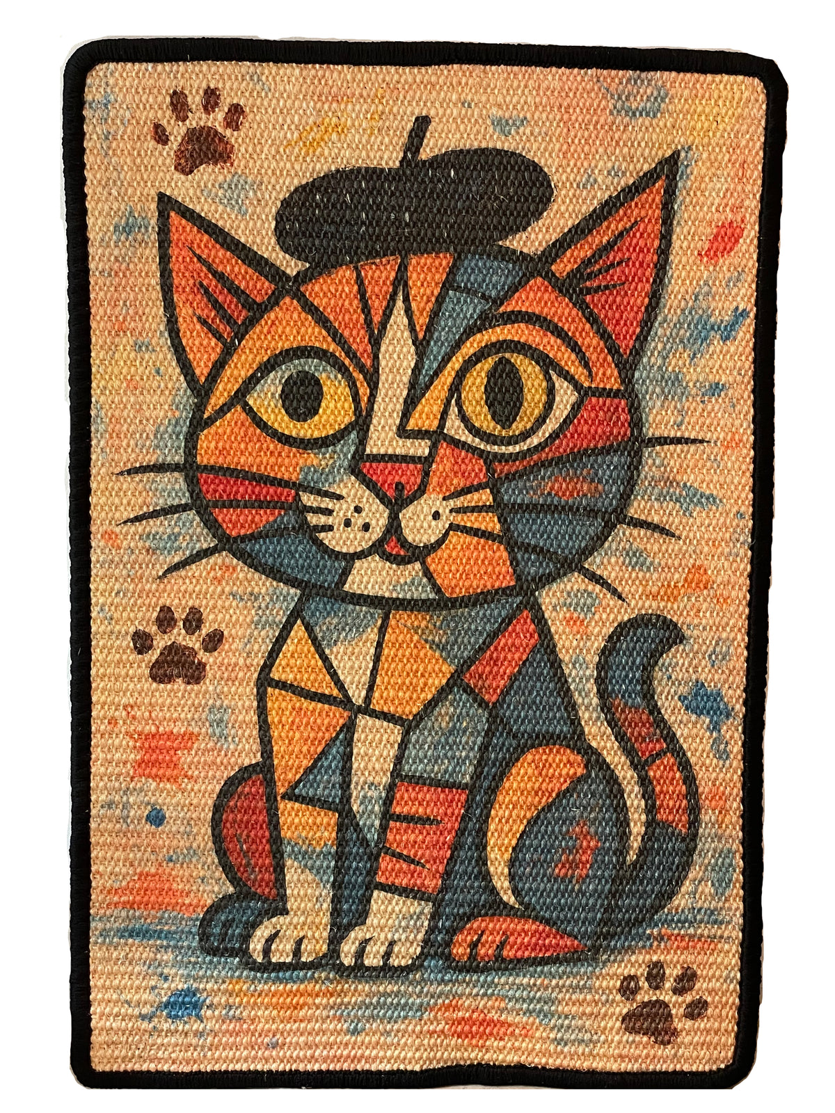 Meowcasso mat artwork: a cubist cat with a black beret, mismatched eyes, geometric face in warm ochres and rouge, on a paper-cream sisal ground.
