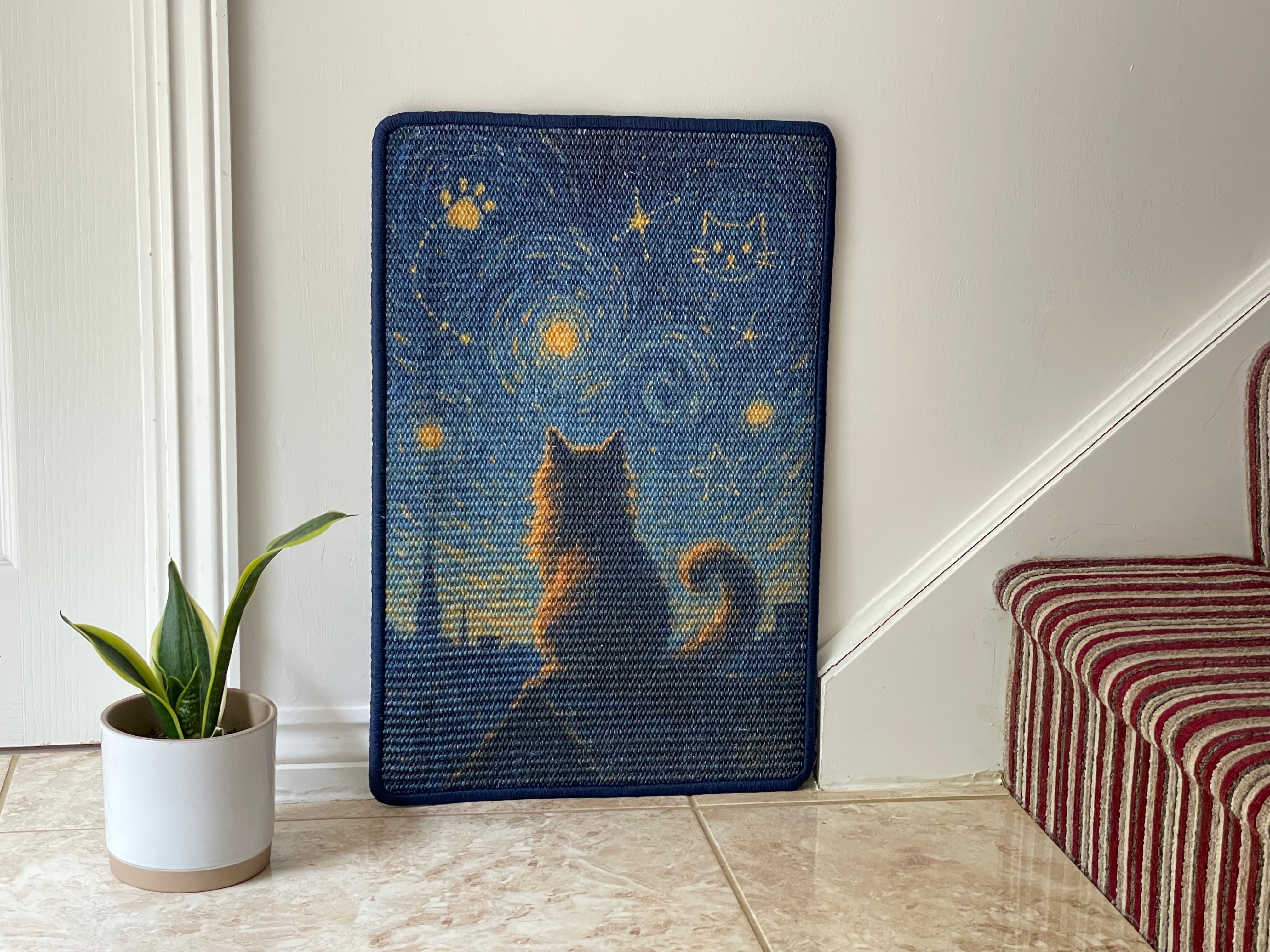 Starry Cat Night sisal scratching mat – cat under swirling night sky, 60×40 cm
