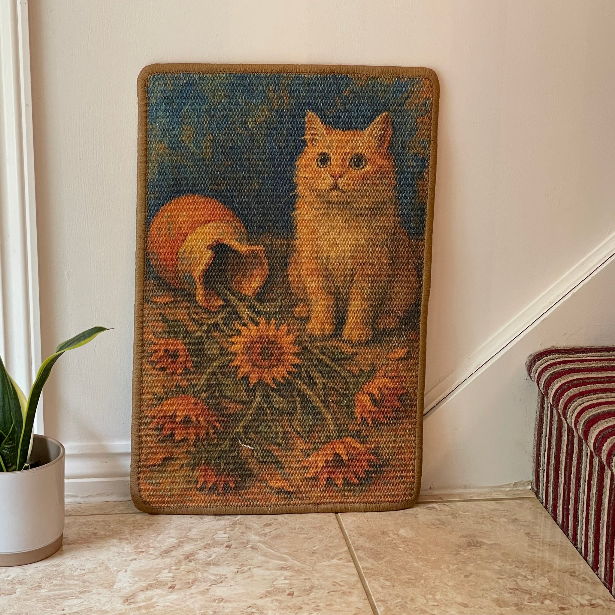 Sunflower Cat sisal scratching mat – ginger cat with sunflowers design, 60×40 cm