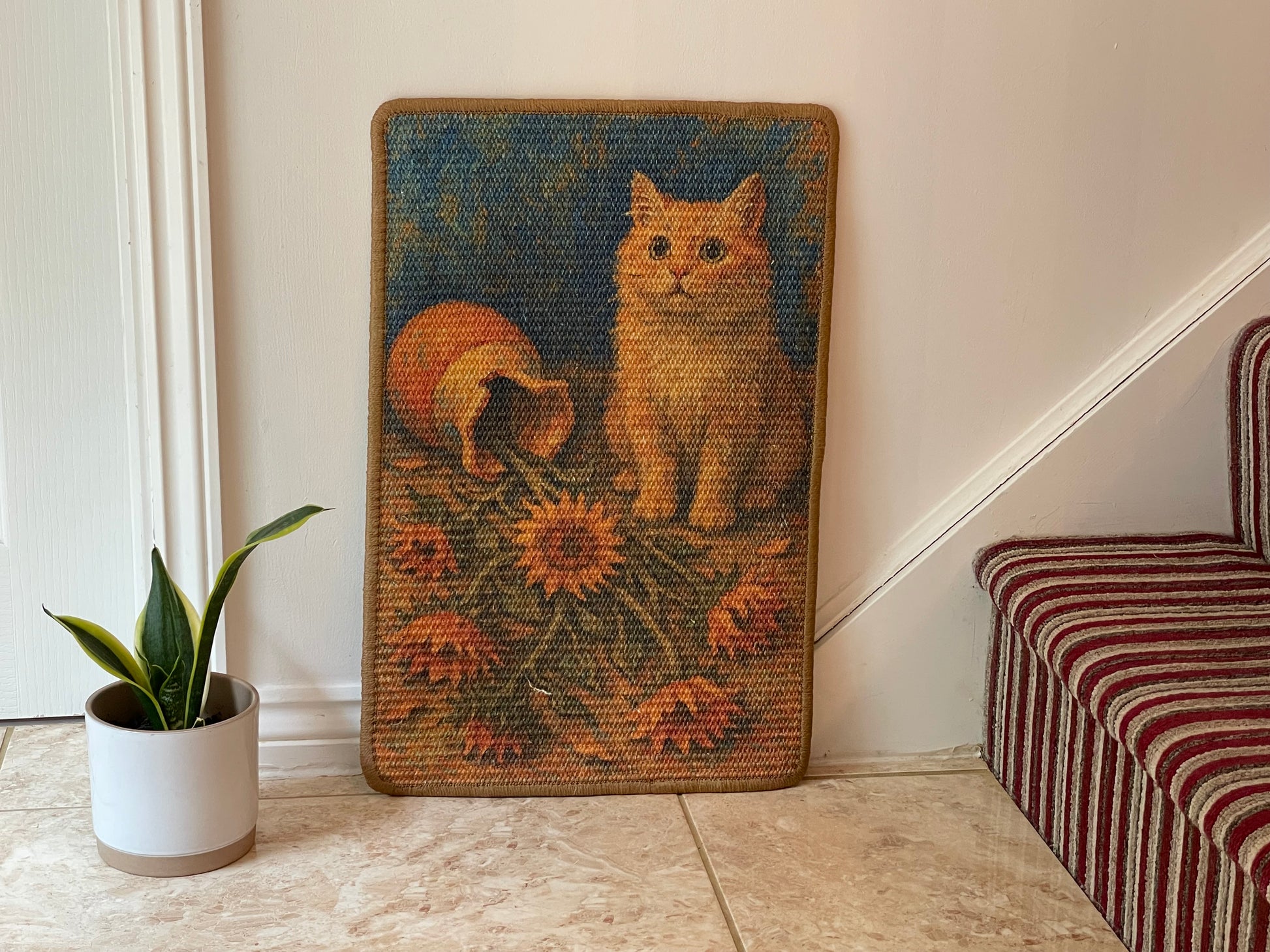 Sunflower Cat sisal scratching mat – ginger cat with sunflowers design, 60×40 cm