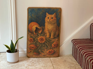 Sunflower Cat sisal scratching mat – ginger cat with sunflowers design, 60×40 cm