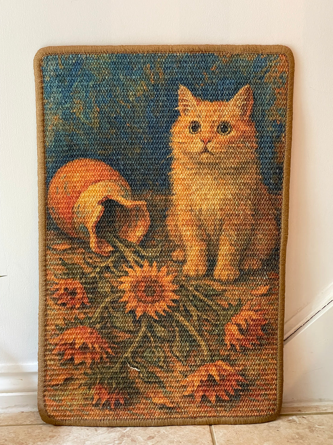 Sunflower Cat sisal scratching mat – ginger cat with sunflowers design, 60×40 cm