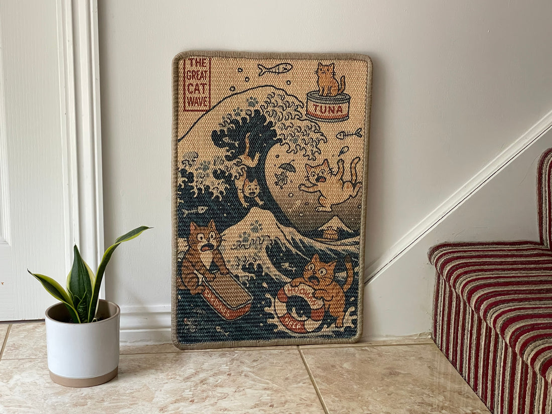 The Great Cat Wave sisal scratching mat – cats in stormy sea, 60×40 cm