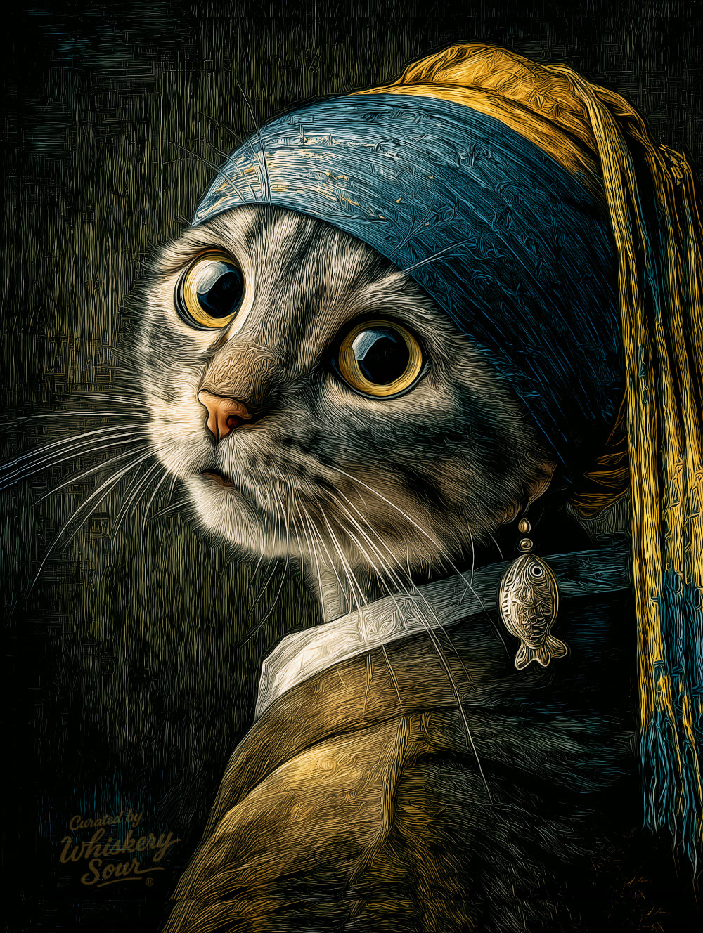 Girl with a Tuna Earring mini mouse pad — a cat parody of the Vermeer portrait, 260x210mm desk mat by Whiskery Sour