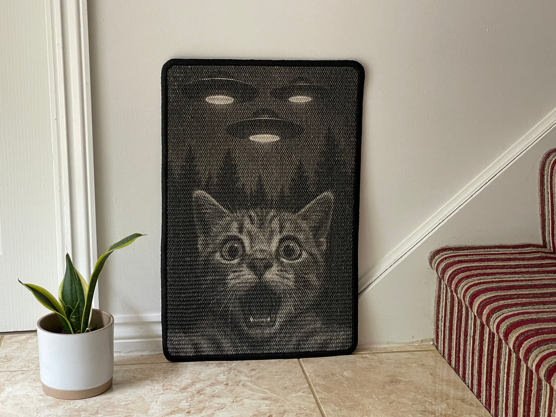 UFO Cat sisal scratching mat – shocked tabby cat and flying saucers, 60×40 cm