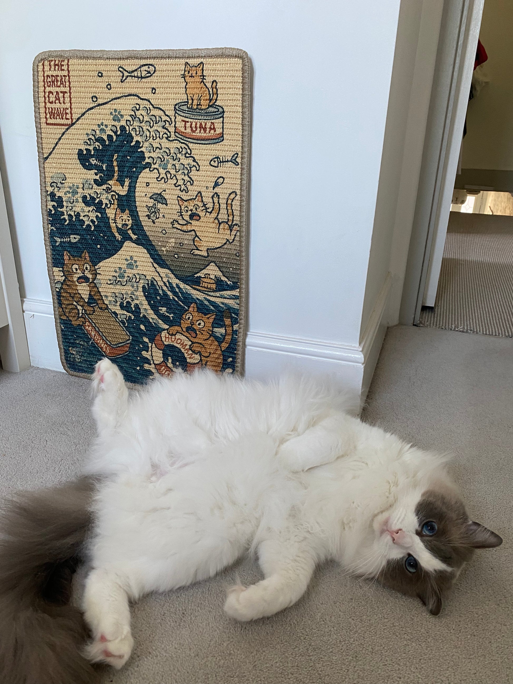 White cat inspecting The Great Cat Wave sisal scratching mat – Japanese wave cat design