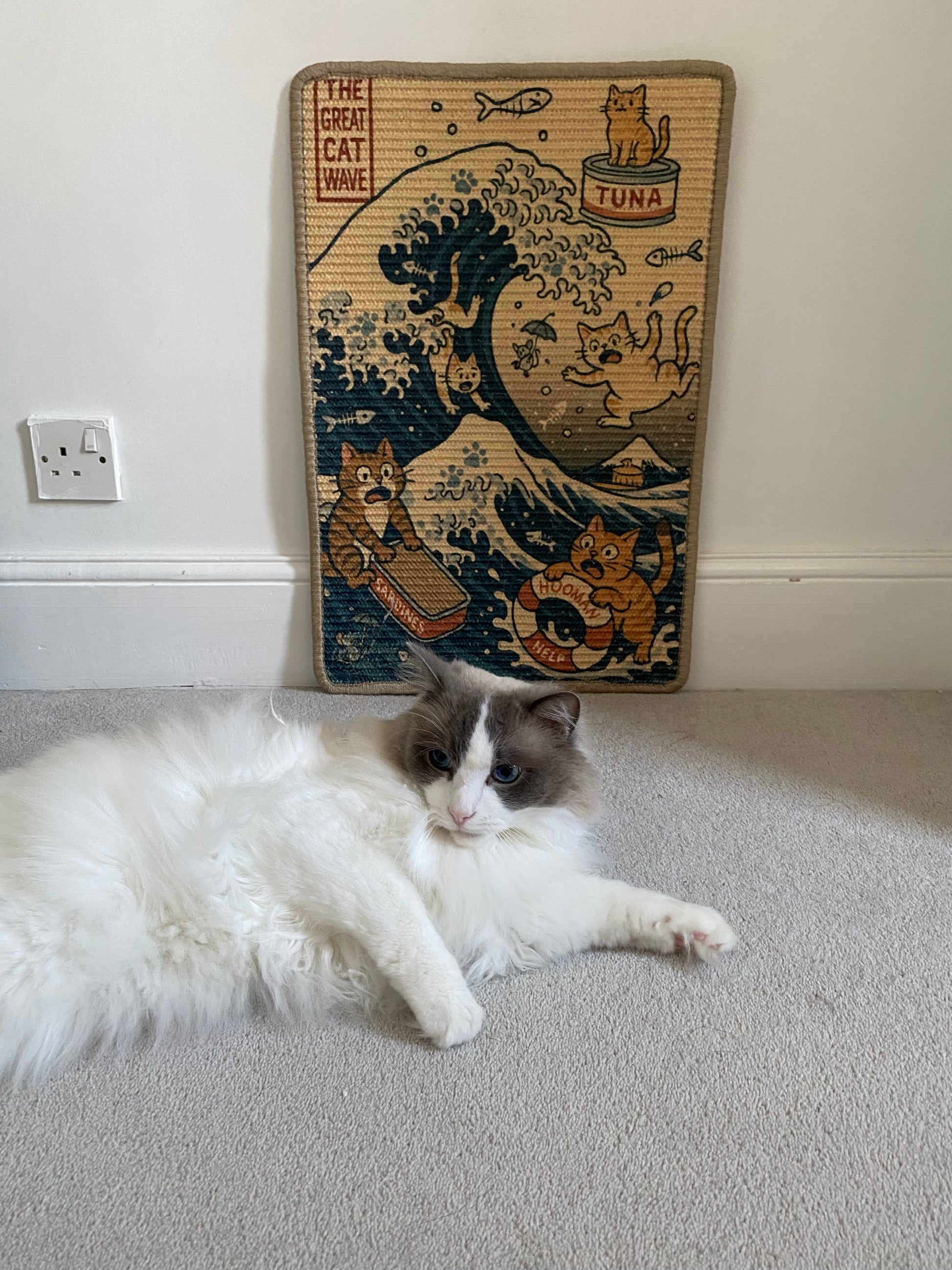White cat lying beside The Great Cat Wave sisal scratching mat – art-inspired cat wave print