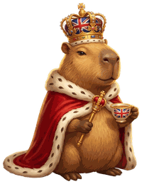 A capybara wearing the Union Jack royal crown and ermine cape