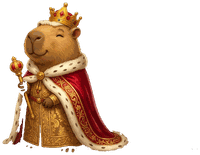 A capybara king in gold robes with crown and sceptre