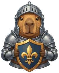 A capybara knight in armour with a fleur-de-lis shield