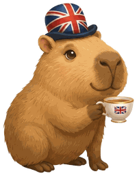 A capybara in a Union Jack bowler hat, holding a cup of tea