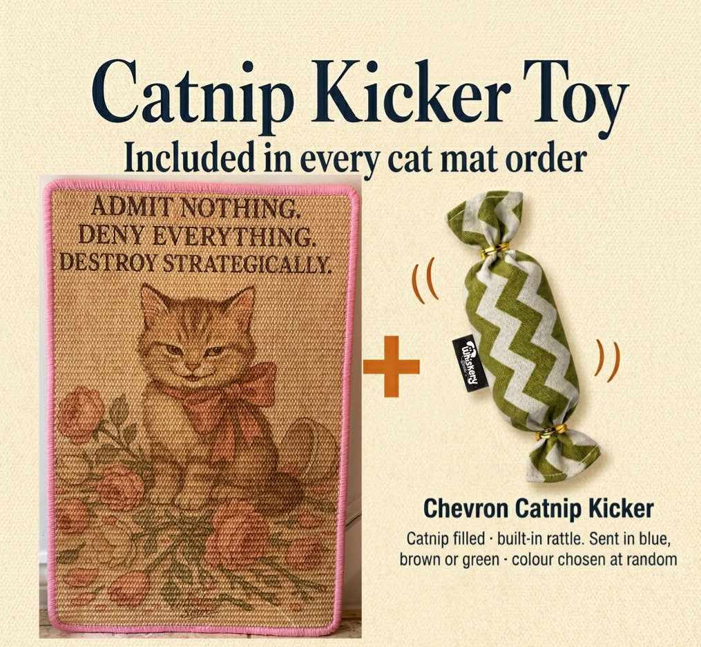 Cat scratching mat with crime scene design and guilty-looking cartoon cat