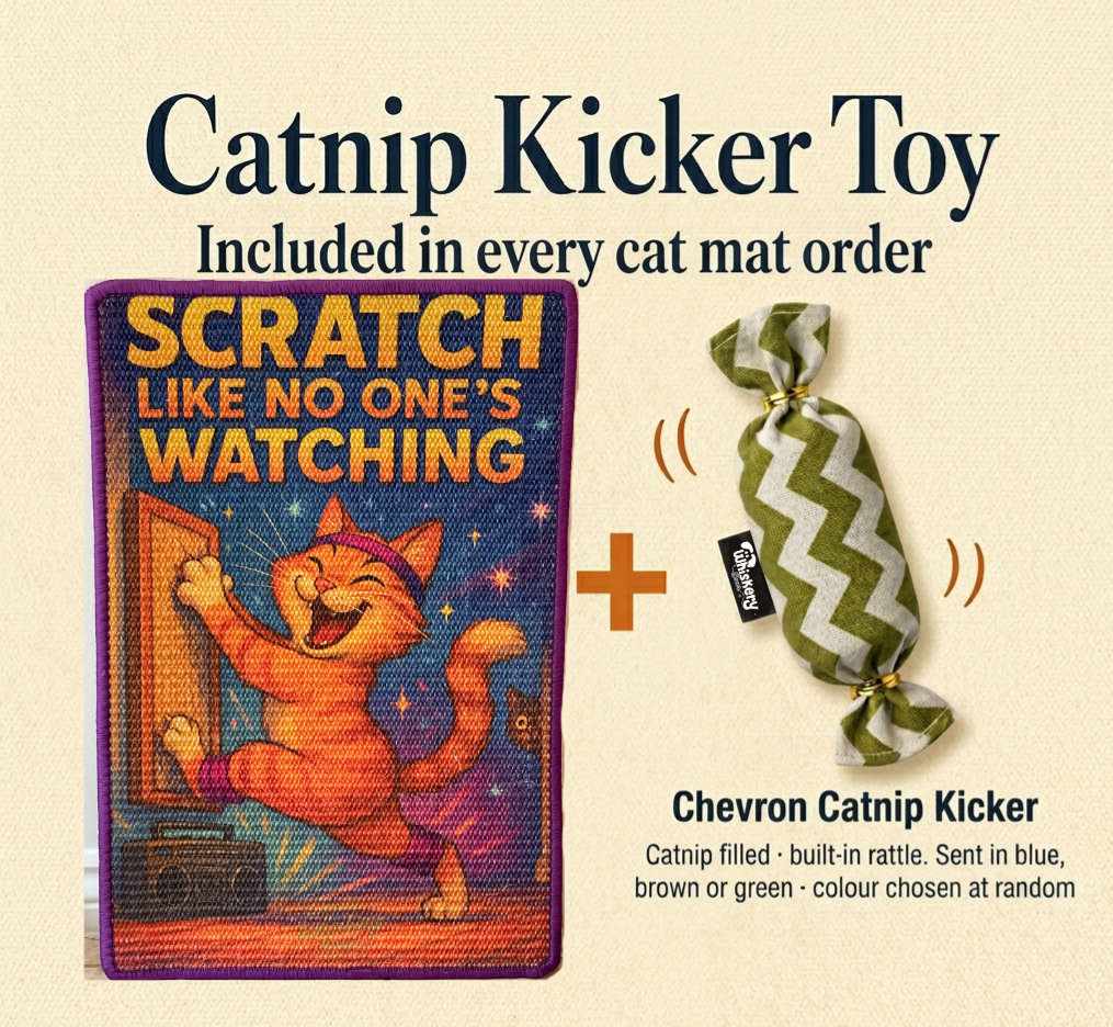 Cat scratching mat with dancing tabby and disco ball illustration