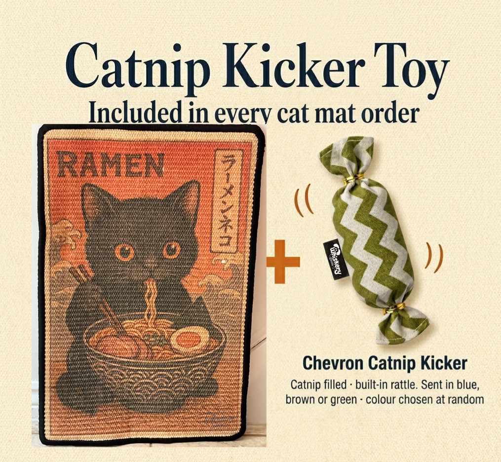 Doormat with a black cat design and ramen bowl on a red background