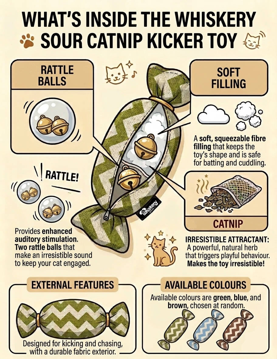 Infographic showing what's inside the Whiskery Sour catnip kicker toy: rattle balls, soft fibre filling, catnip, durable fabric exterior, and available colours green, blue and brown.