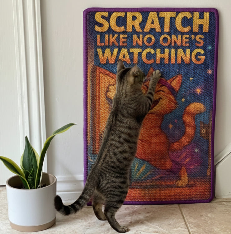 The Disco Cat Dance scratching mat in real life, leaning against a hallway wall on tiled floor, beside a snake plant in a white pot, with a red and cream striped stair carpet visible to the right. The painted disco scene is printed onto sturdy sisal weave with a lilac-purple binding around the edge.